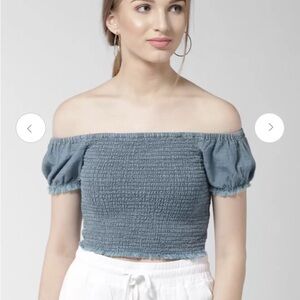 Forever 21 Blue Smocked Off-Shoulder Crop Top